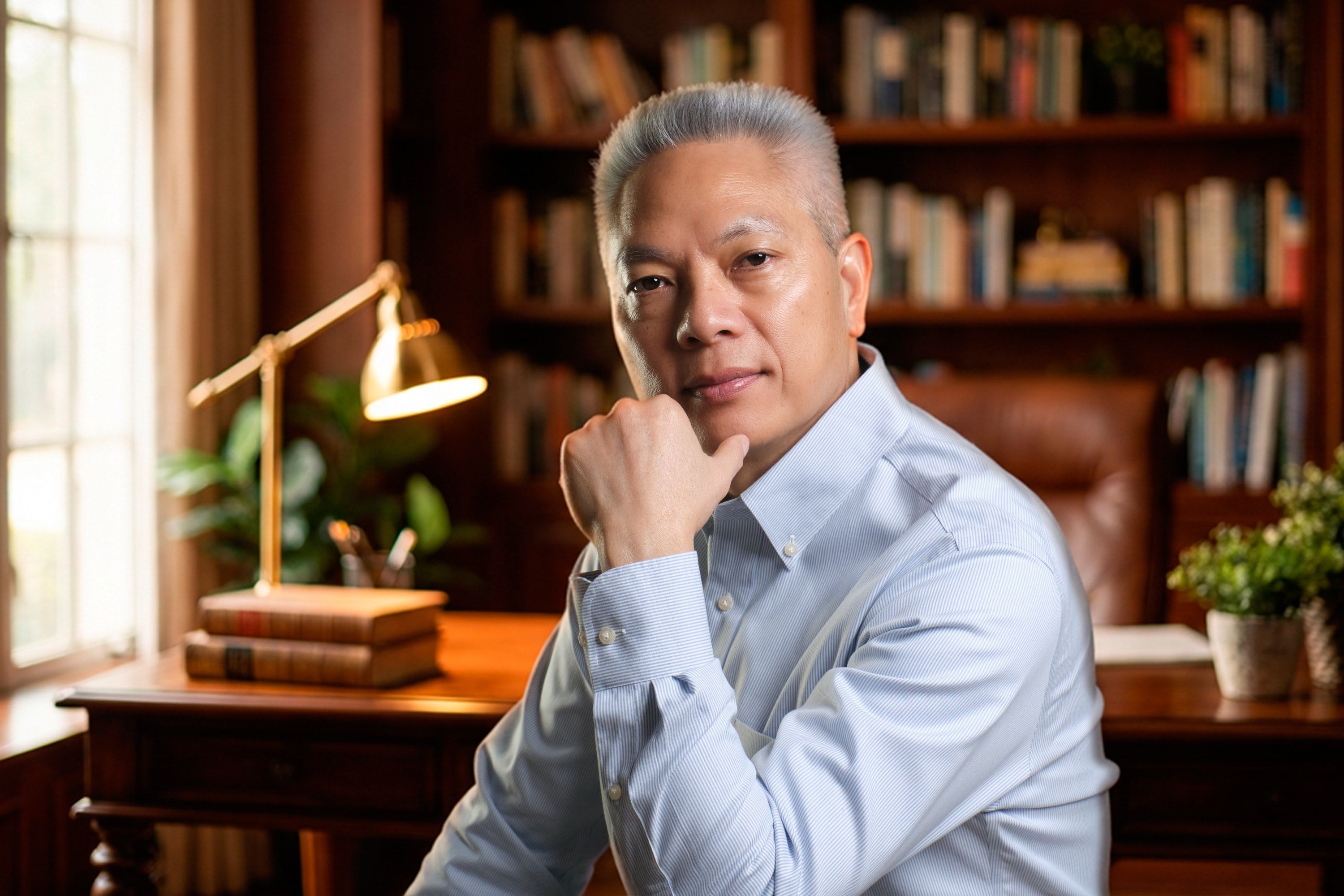 Jeff Thungc seated in front of a library, with his hand resting beneath his chin